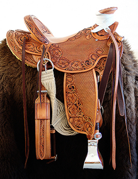 Specs: Wade Tree - by Rick Reed 93 degree Bars 16 inch seat, 7/8ths flat plate riggin, 4 - 1/2 inch Stainless Steel Stirrups, Cantle is 4 and 1/2 inches hight X 12 and 1/2 inches wide, 2 inch tooled Cheyenne Roll, All Stainless Steel Hardware - By Harwood, Santa Barbarbra Twisted Stirrup Leathers, Smooth Back Cinch